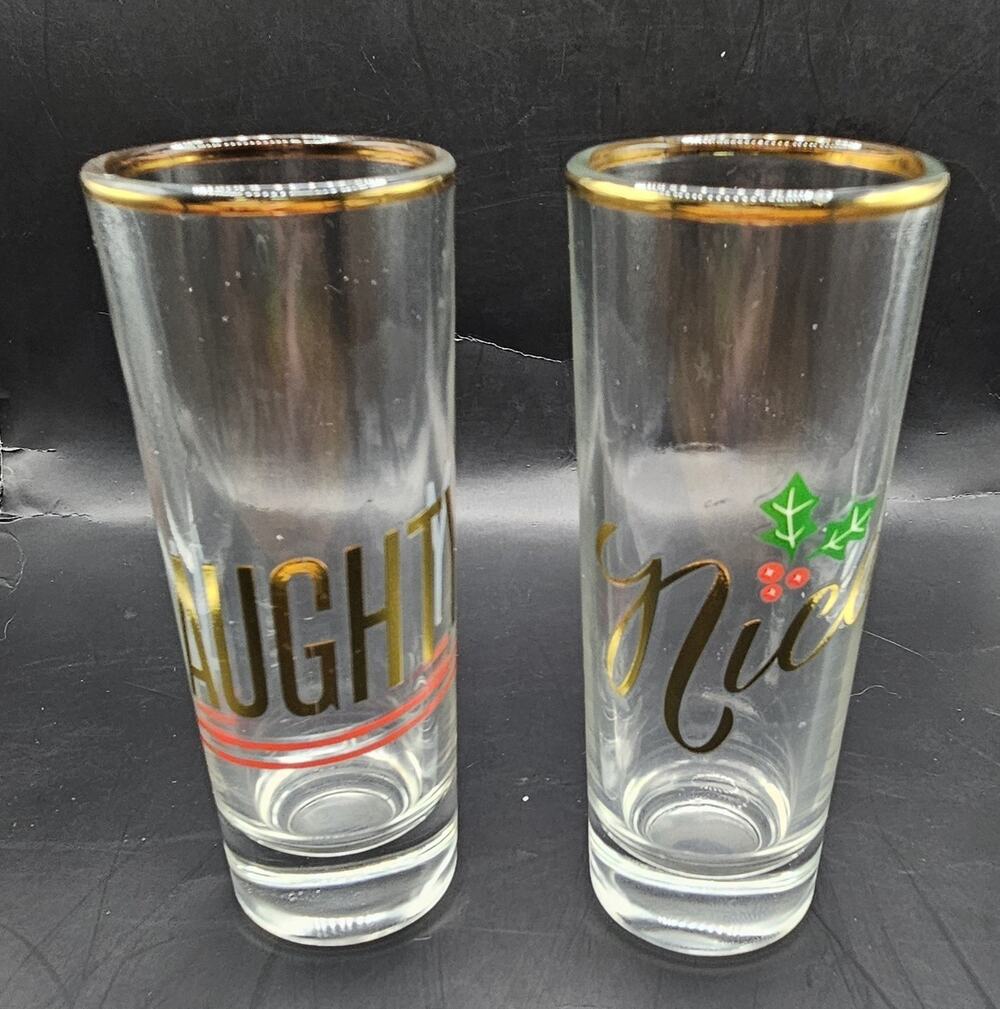 Pottery Barn Naughty & Nice Christmas Shot Glasses Gift Set Gold Rim BarWare